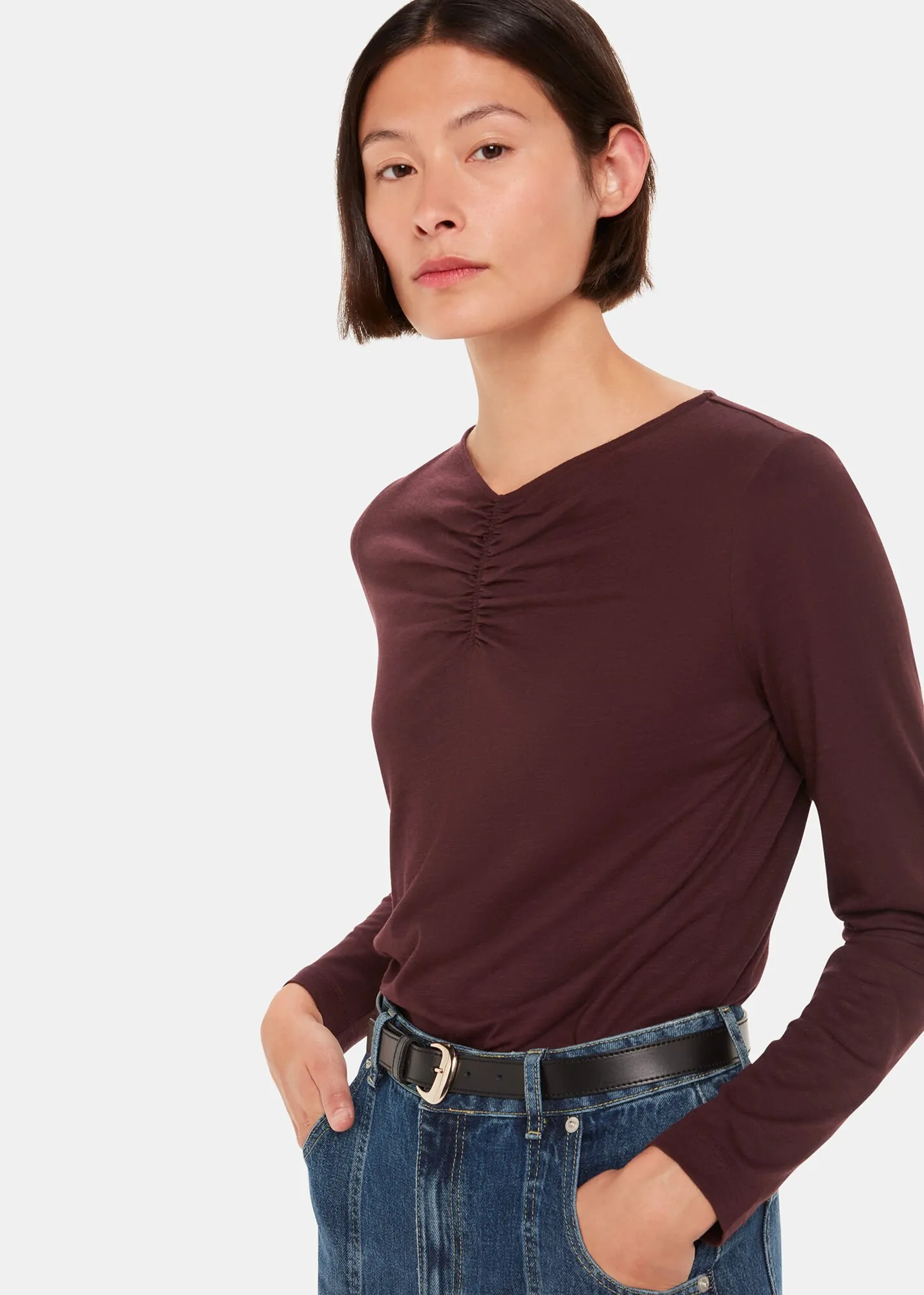 Burgundy High V Neck Ruched Top