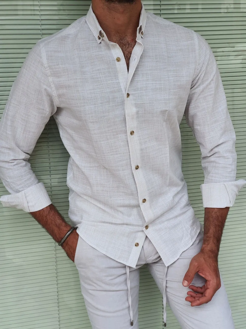 Major Beige Slim Fit Striped Linen Shirt