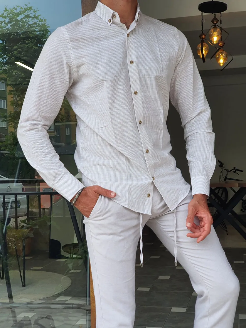 Major Beige Slim Fit Striped Linen Shirt