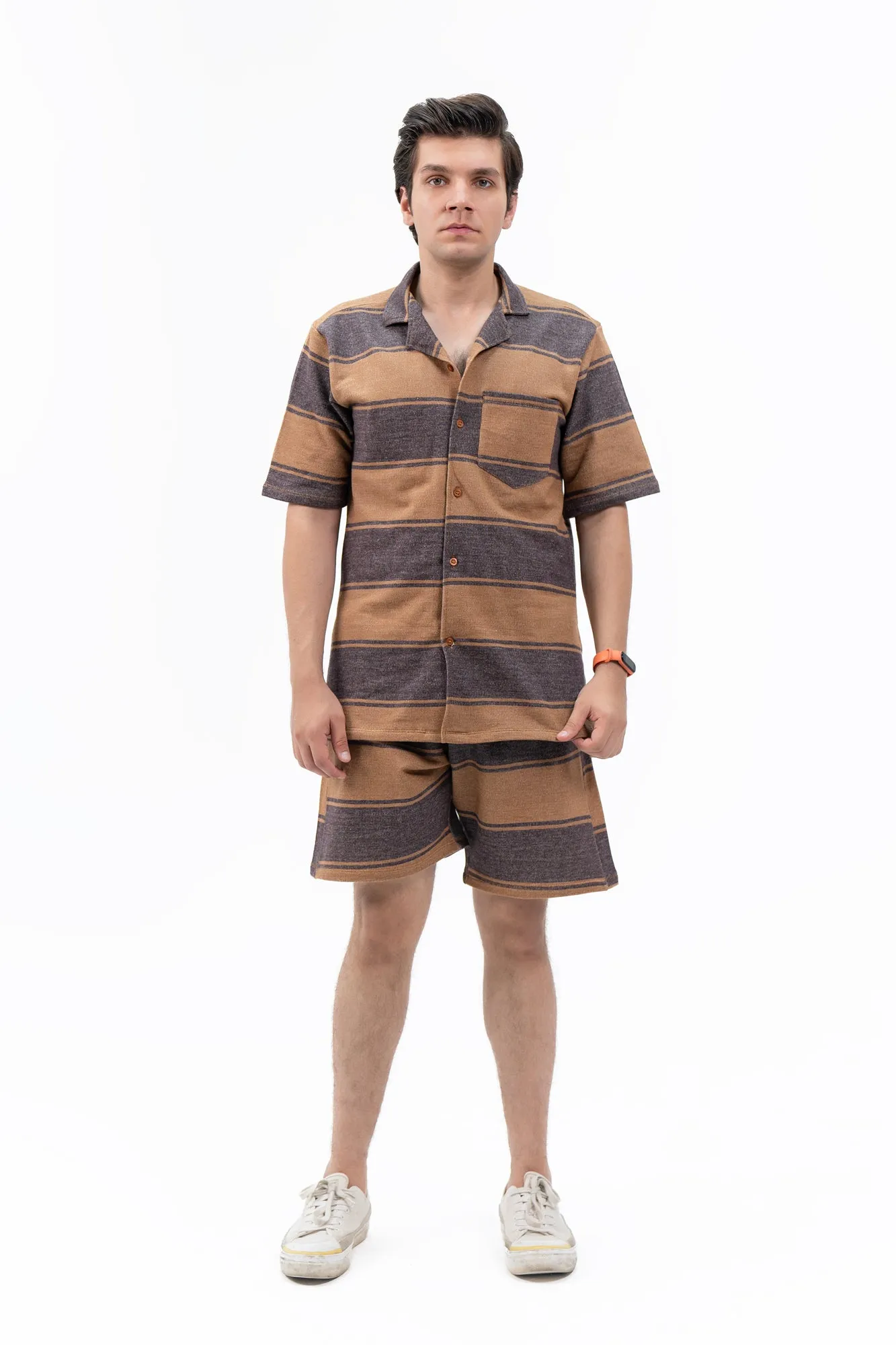 Men's Relaxed Fit Terry Resort Shirt - Brown Striped