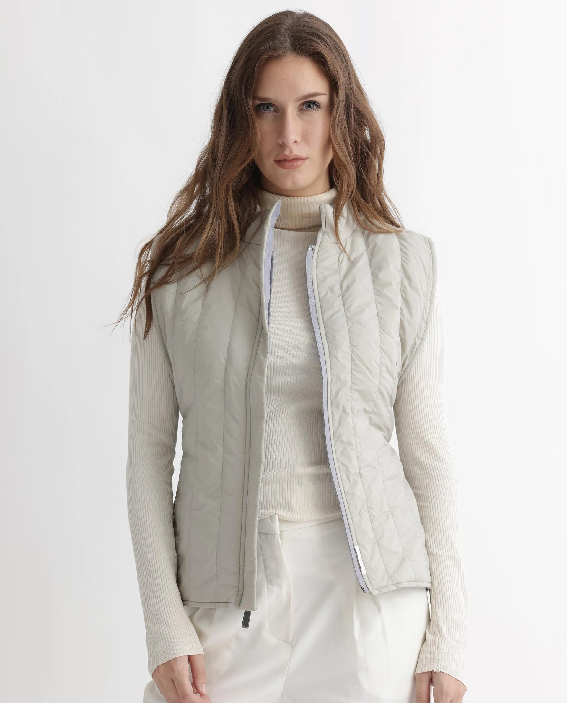 Rareism Women Aurora Beige Polyester Fabric Sleeveless Solid High Neck Jacket