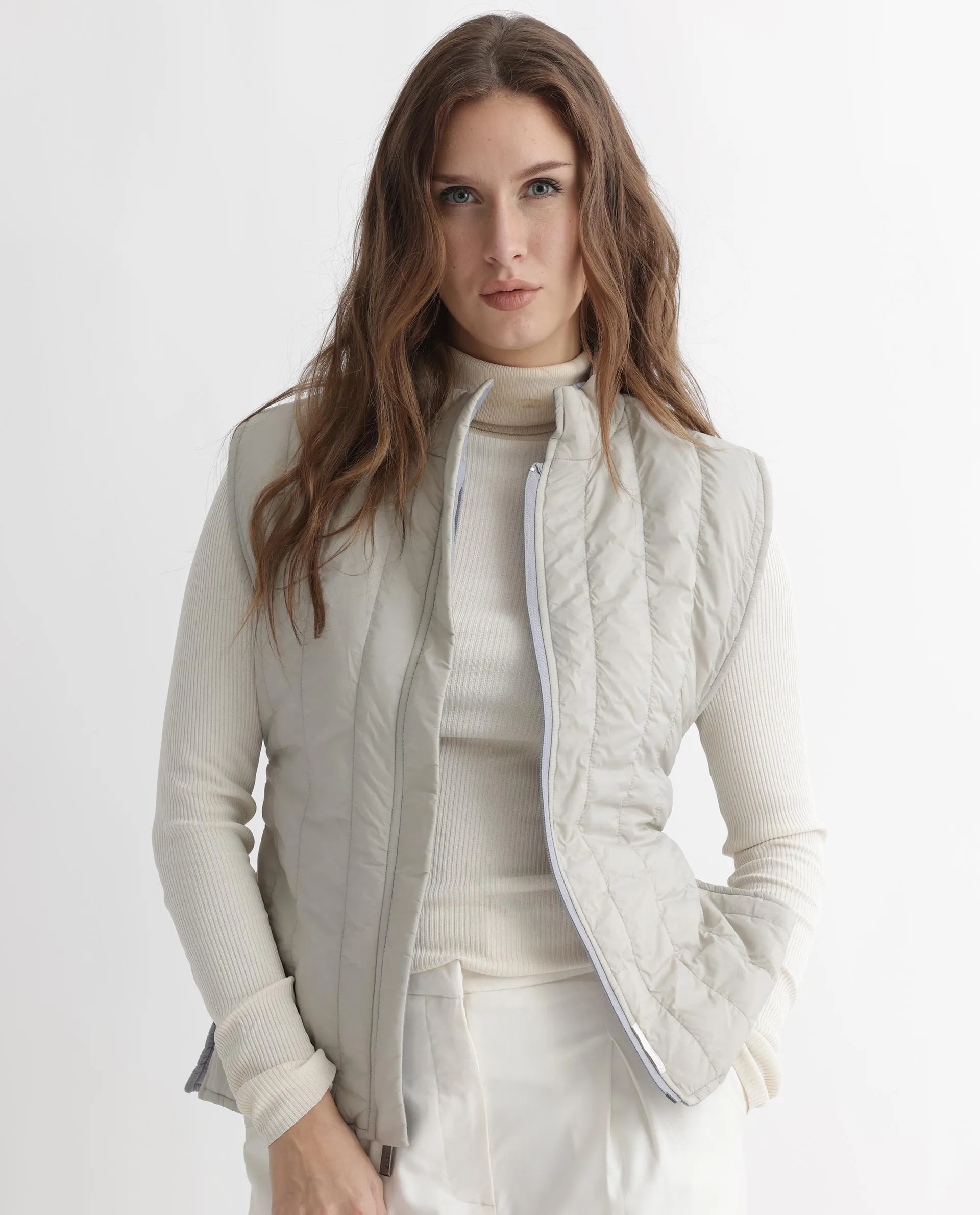 Rareism Women Aurora Beige Polyester Fabric Sleeveless Solid High Neck Jacket