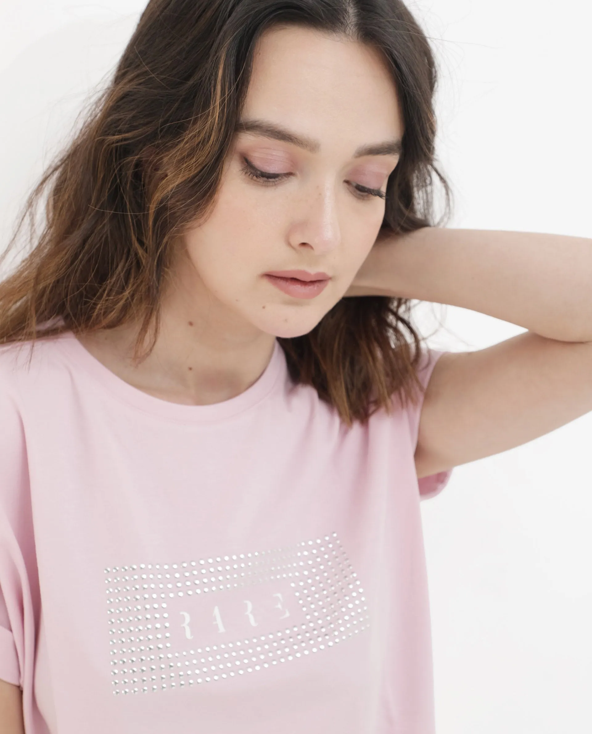 Rareism Women Hoet Pink Cotton Elastane Fabric Crew Neck Knit Solid T-Shirt