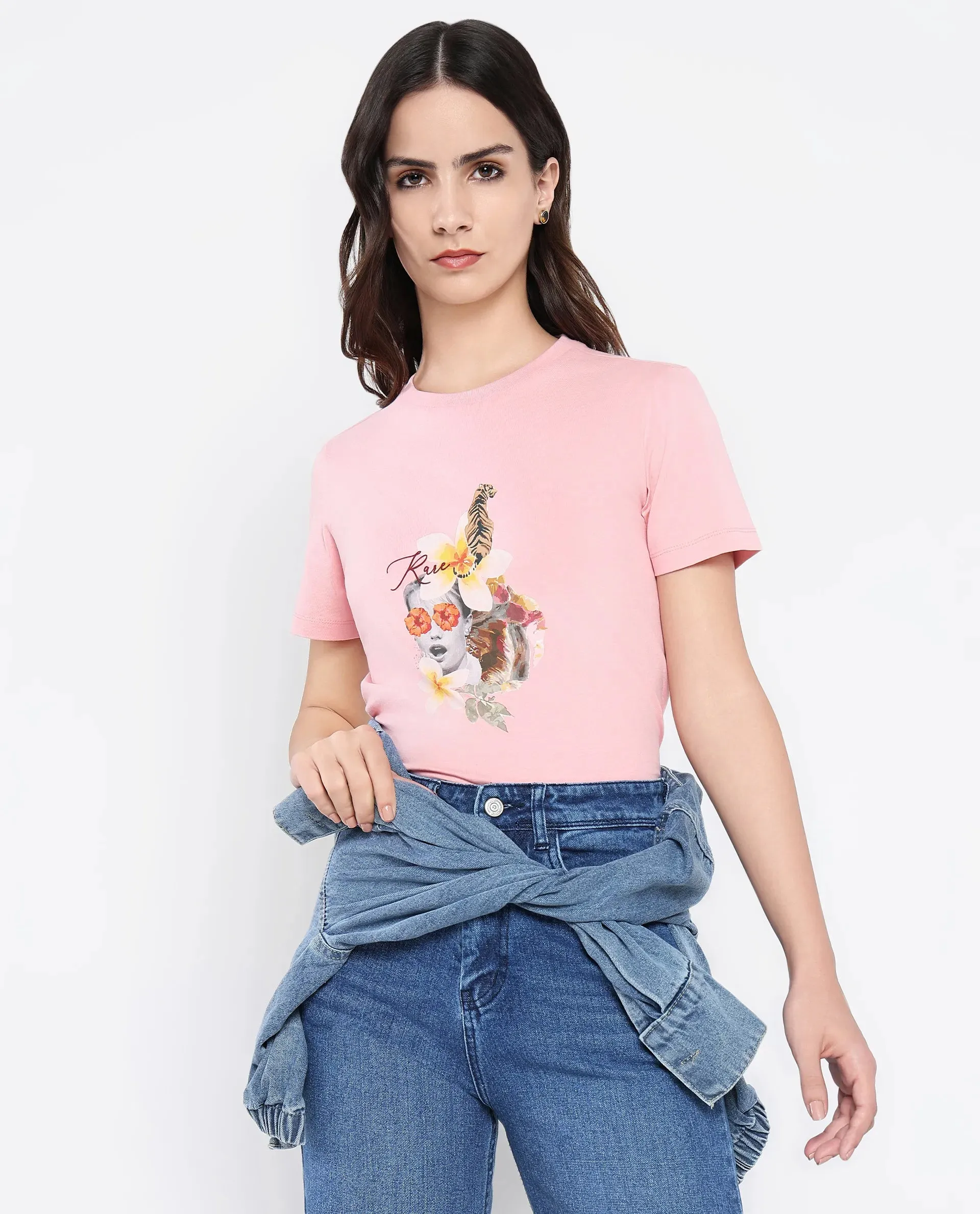 Rareism Women Tigo Light Pink Cotton Lycra Fabric Short Sleeve Crew Neck Plain T-Shirt