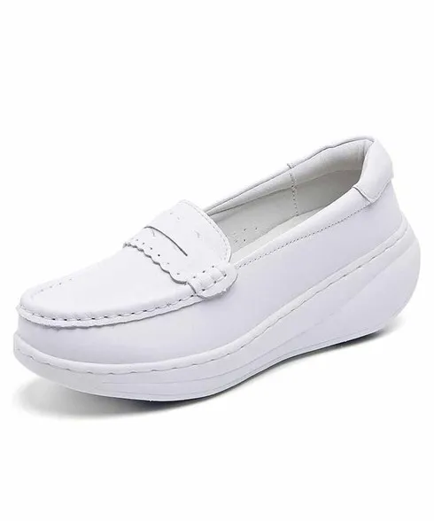 White penny slip on rocker bottom sneaker